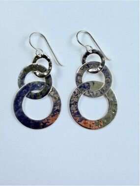 Roma Graduated Triple Hammered Dangle Hoop Links Hook Sterling Silver Earrings